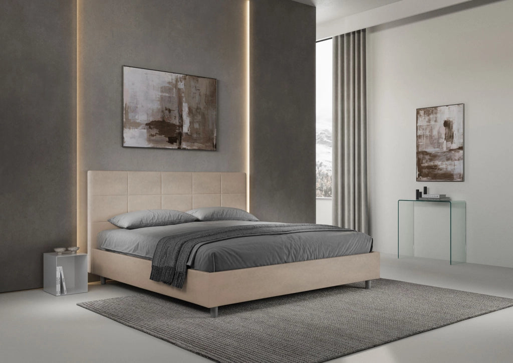 BS COM Letto matrimoniale king size contenitore imbottito 190x210 microfibra sabbia