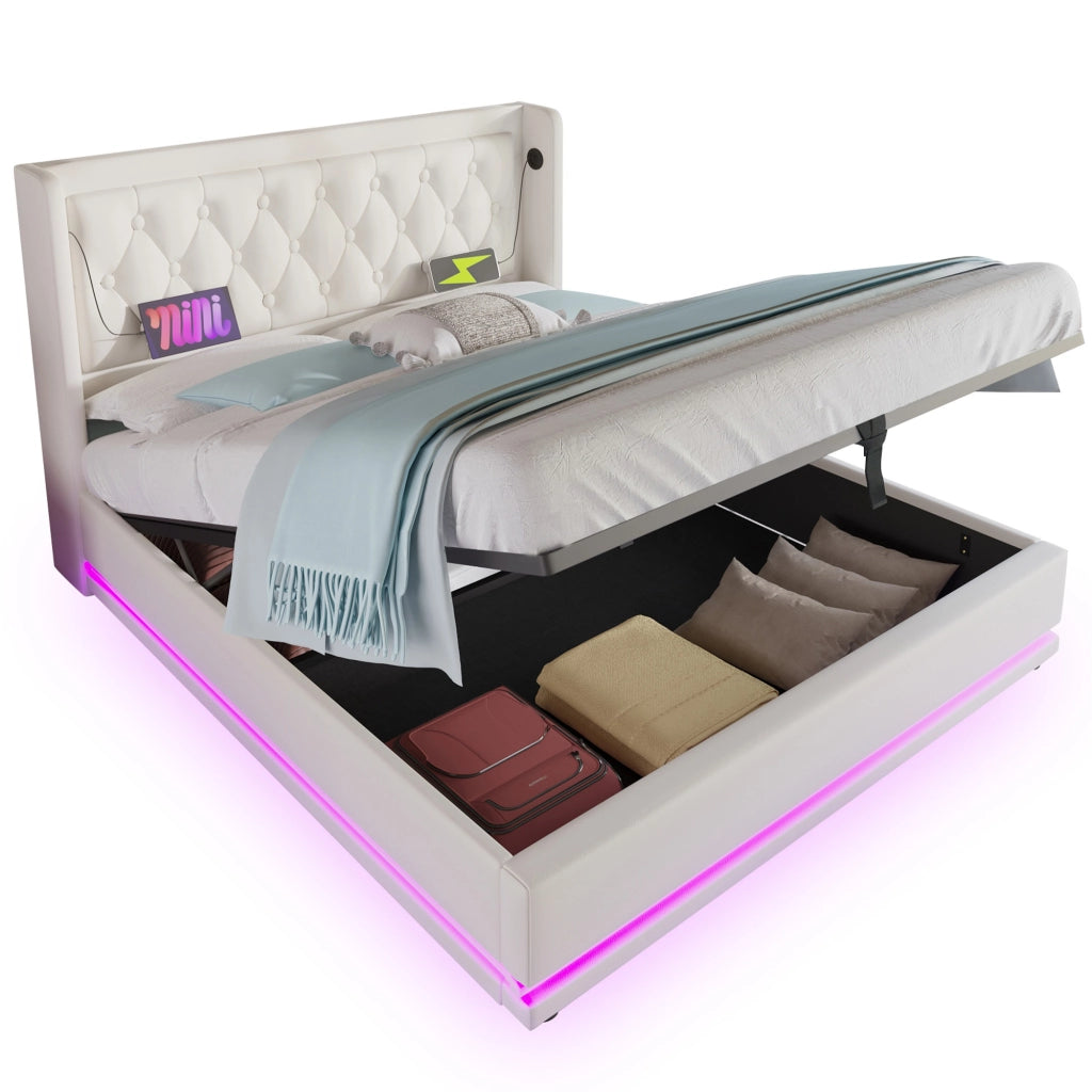 Letto contenitore matrimoniale 140×200 cm con LED; USB Type-C; testiera imbottita; materasso incluso; PU; bianco