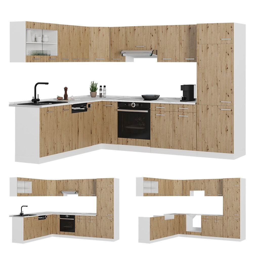 Cucina angolare completa R-Line Rovere artigianale/Bianco 287 x 227 cm, PL Marmo Vicco