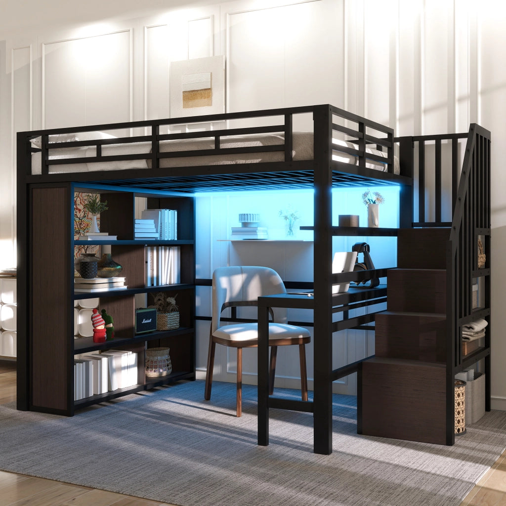 DESMIU Letto a soppalco matrimoniale con scrivania, mensole, gradini contenitore e LED regolabile 140 × 200 cm, senza materasso
