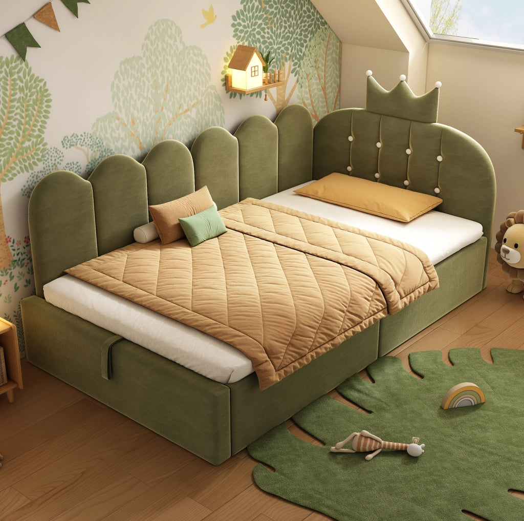 Letto daybed 90x190 cm in velluto verde con contenitore idraulico
