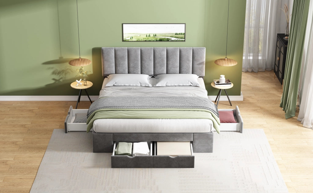 DESMIU Letto imbottito 160 × 200 cm 2 posti con 4 cassetti, testiera regolabile, senza materasso, in velluto grigio