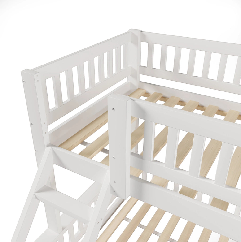 Letto a castello 90x200 cm e 140x200 cm con scala e sponde in legno di pino; MDF e compensato bianco