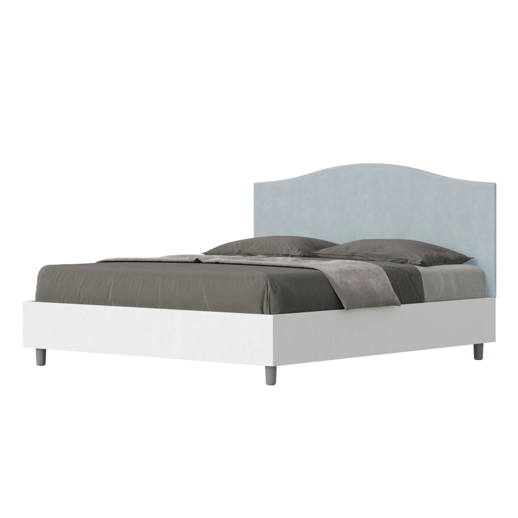 BS COM Letto matrimoniale con rete 160x200 bianco frassino testata microfibra azzurro