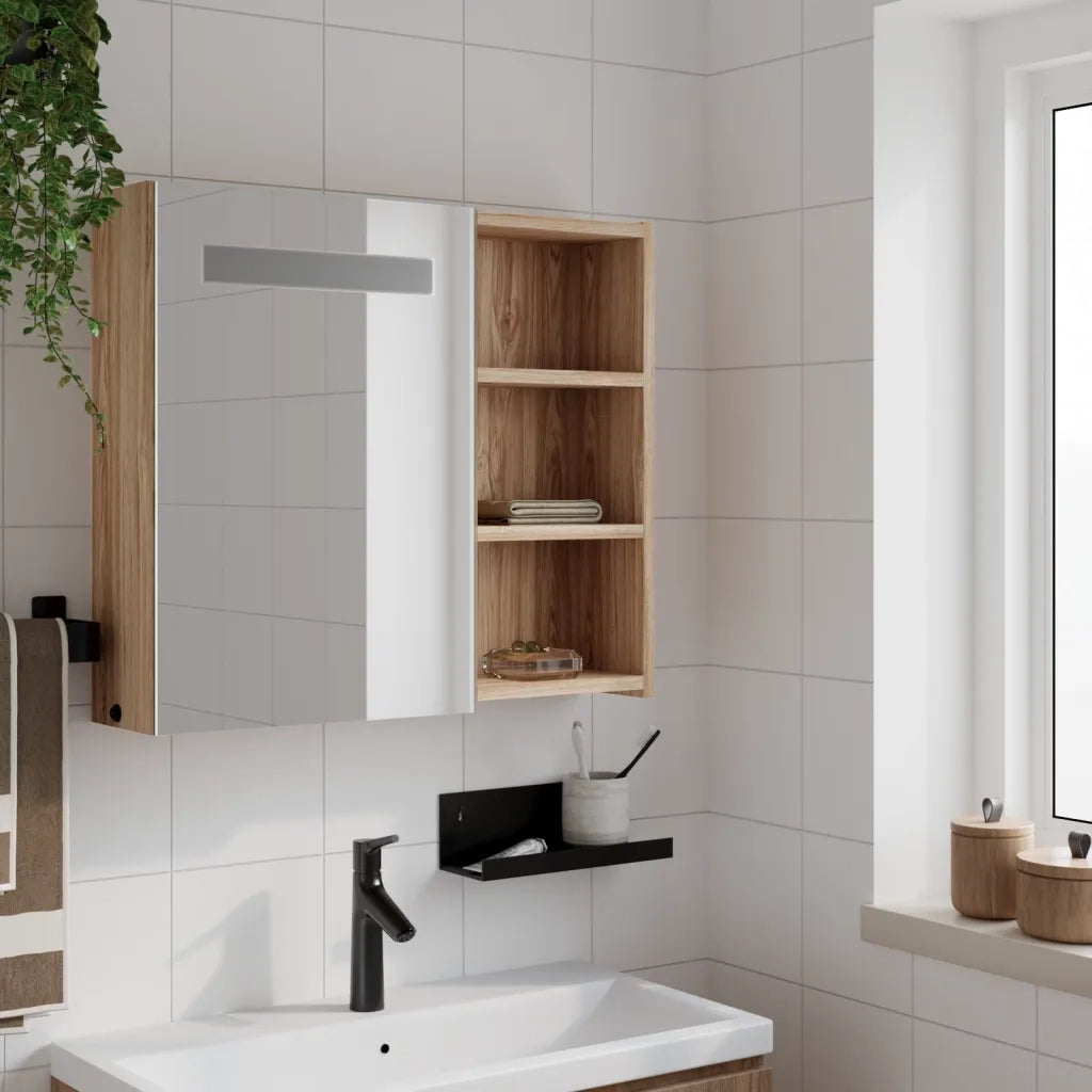 Armadietto Bagno | Armadio da bagno con Specchio e LED Rovere 60x13x52 cm