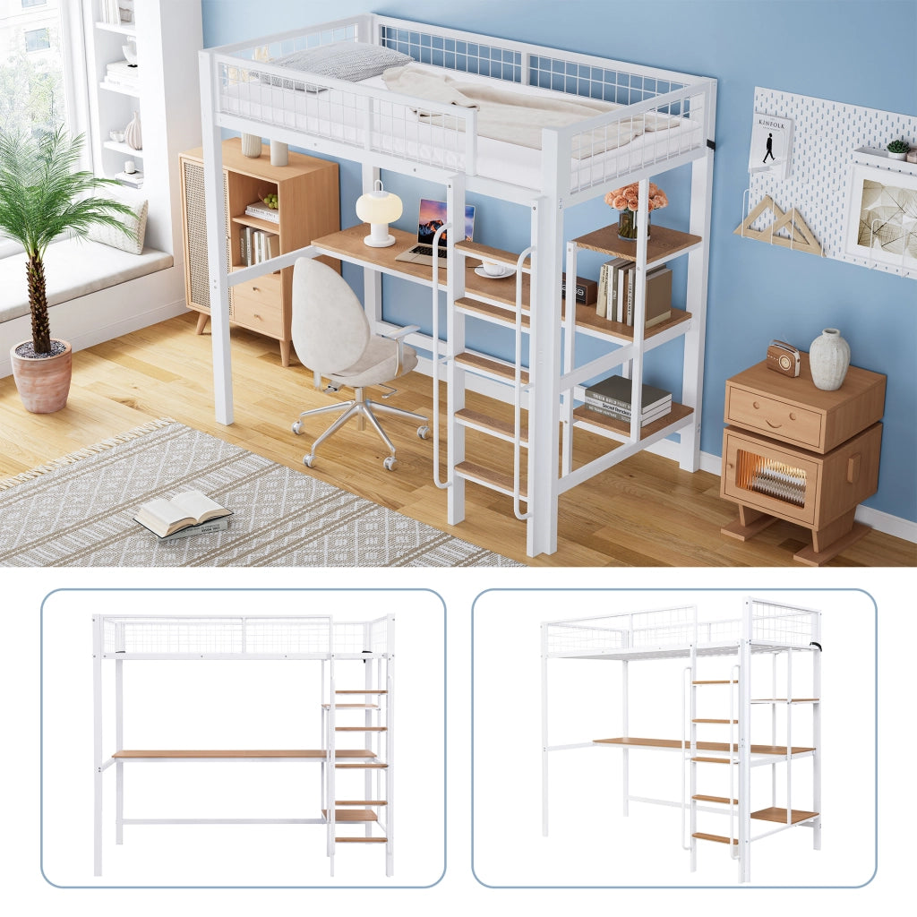 DESMIU Letto a Soppalco 1 Posto con Scrivania, Scaffali e Scala 90 × 200 cm, Senza Materasso, Metallo e Legno, Bianco Naturale
