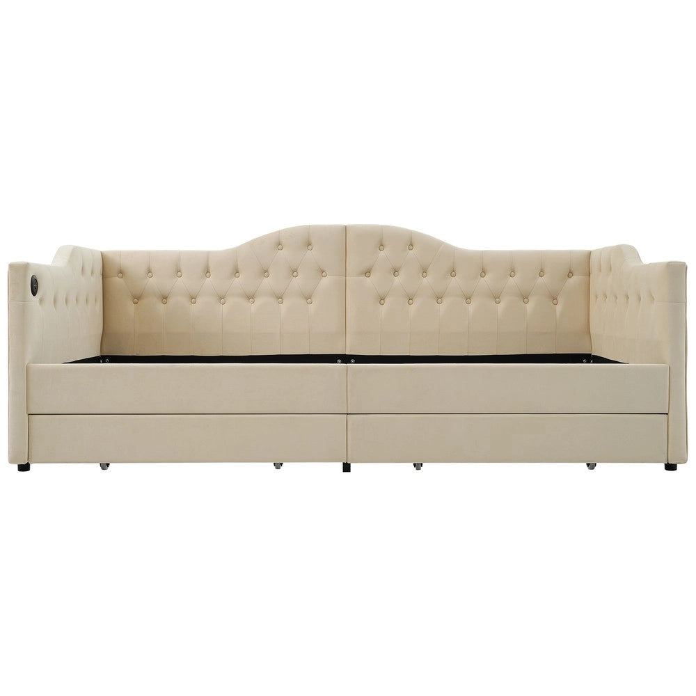 Letto Imbottito Contenitore con USB e 2 Cassetti ¨C MINIMAL ¨C Velluto Beige 90x200