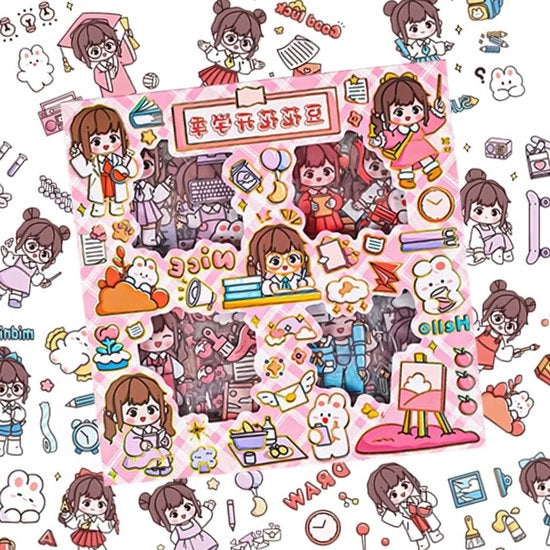 Set di Sticker Kawaii Ragazza Cartoon - Sticker con Figure Caricate per Bullet Journal e Libro di Scrapbooking - Accessori per Sticker.
