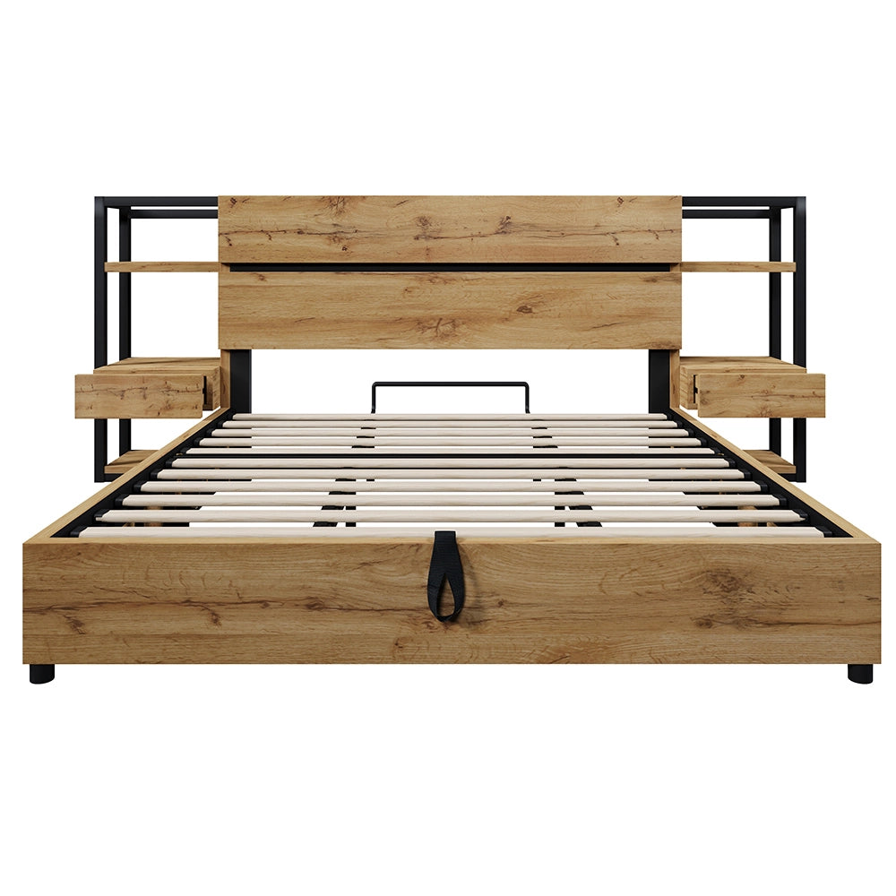 Letto matrimoniale-Xylo-180x200 cm-contenitore idraulico, USB/Type-C, testiera, quercia