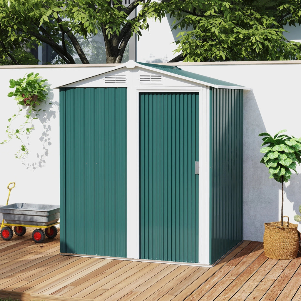 Casetta Box Da Giardino 152x132x188 cm con Tetto Inclinato e 4 Prese d'Aria in Acciaio Verde