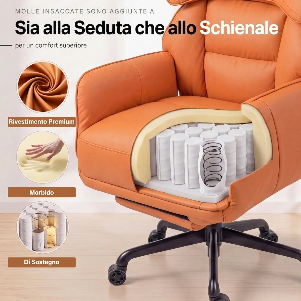 Sedia da ufficio ergonomica - Con corrimano e poggiapiedi - Con braccioli regolabili - Schienale regolabile - Arancione