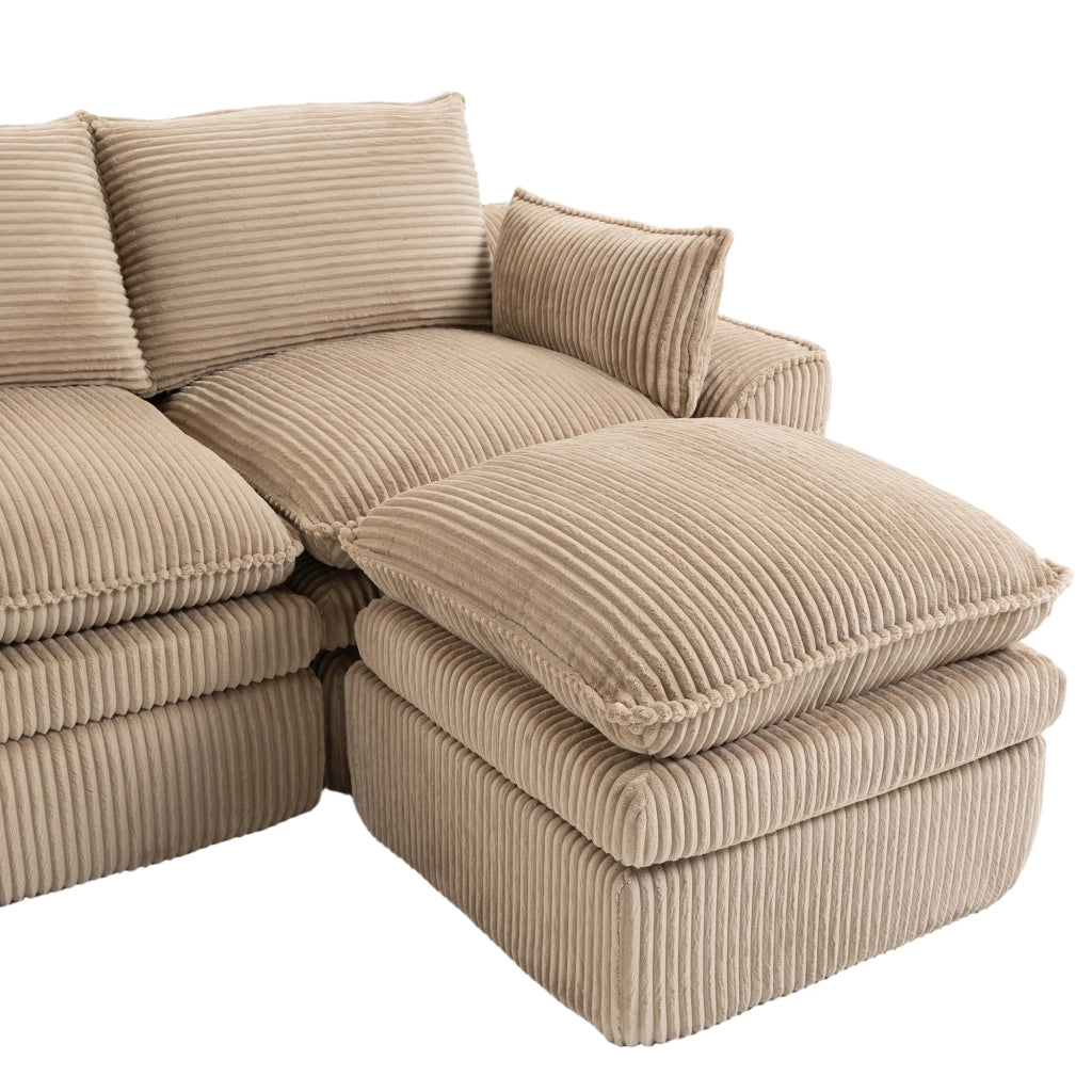 Divano Modulare 4 Posti con 2 Pouf ¨C MINIMAL ¨C Tessuto a Coste, Cuscini, Khaki