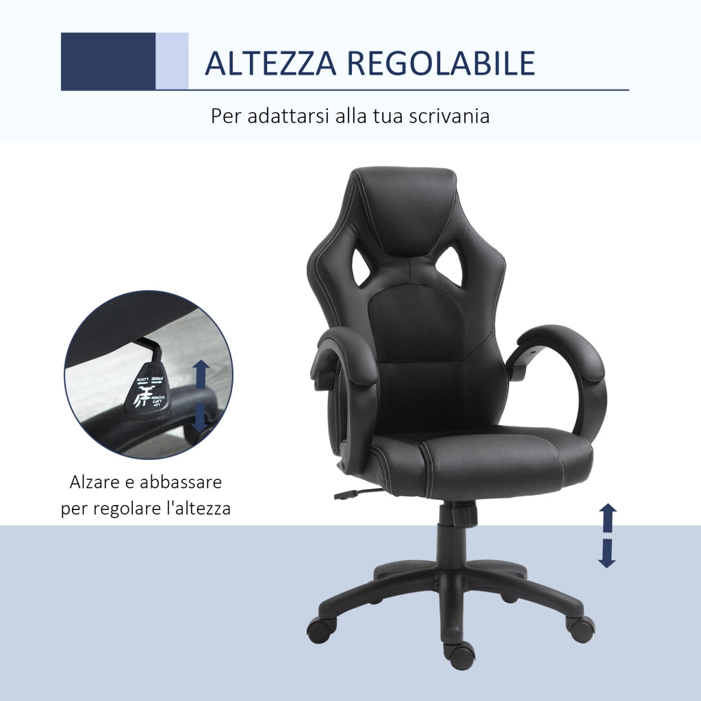 EasyComfort Sedia da Gaming ad Altezza Regolabile, Sedia da Ufficio con Funzione a Dondolo, Girevole e Reclinabile, 71x61x108-118 cm, Nera