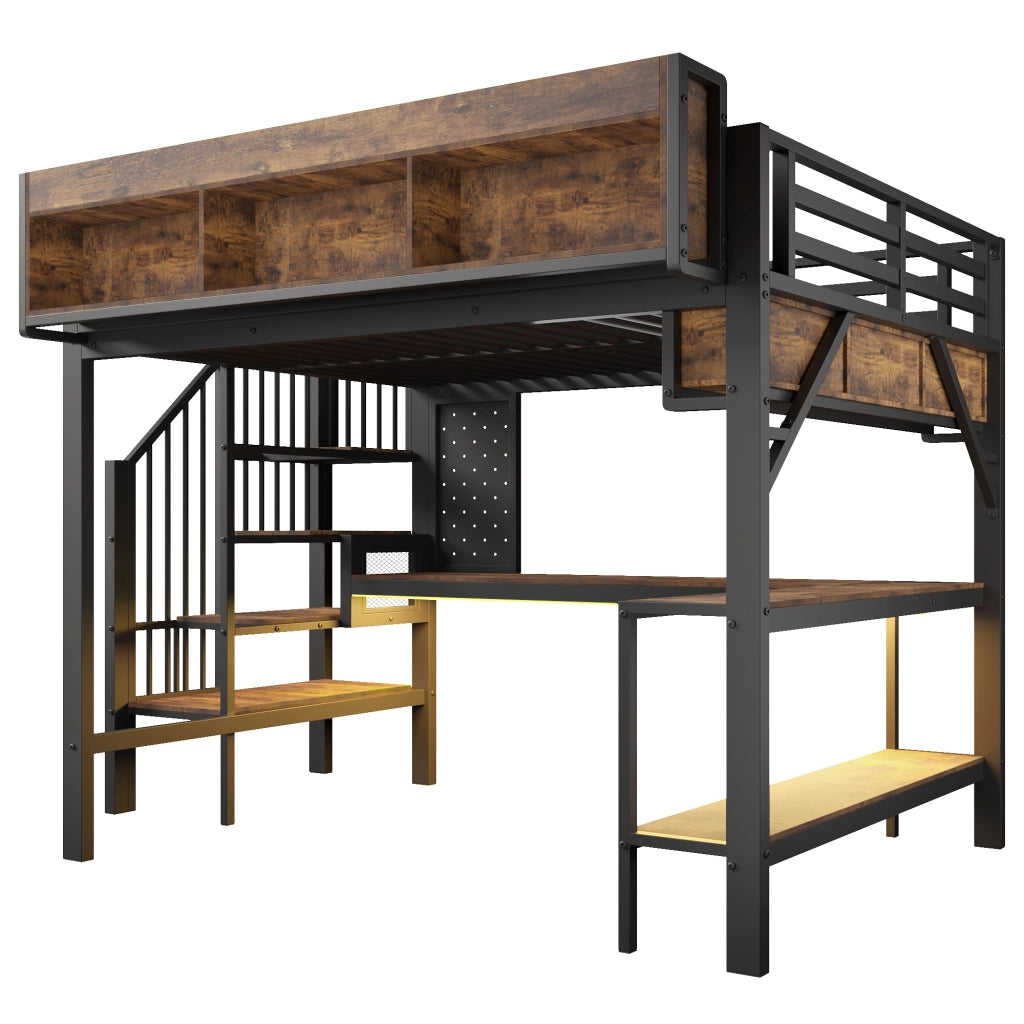 Letto a soppalco 140x200 cm vintage marrone-nero con scrivania, LED, prese USB e contenitore