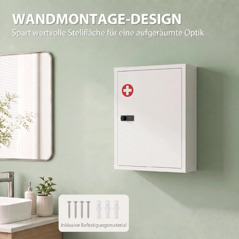 Armadietto a muro per medicinali, mobiletto da bagno con serratura a combinazione, anta e vani portaoggetti, bianco