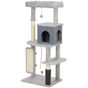 Tiragraffi per gatti da 132 cm con pali per graffiare, cuccia, casetta, piattaforme per saltare e spazzola per la toelettatura, colore grigio chiaro.