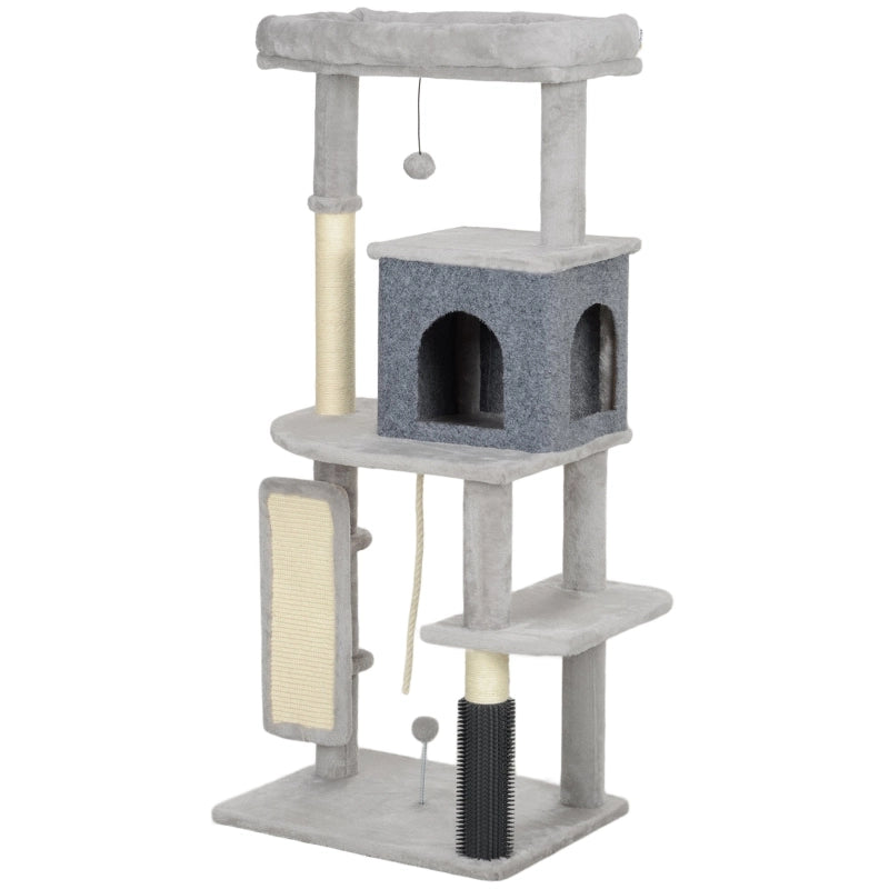 Tiragraffi per gatti da 132 cm con pali per graffiare, cuccia, casetta, piattaforme per saltare e spazzola per la toelettatura, colore grigio chiaro.