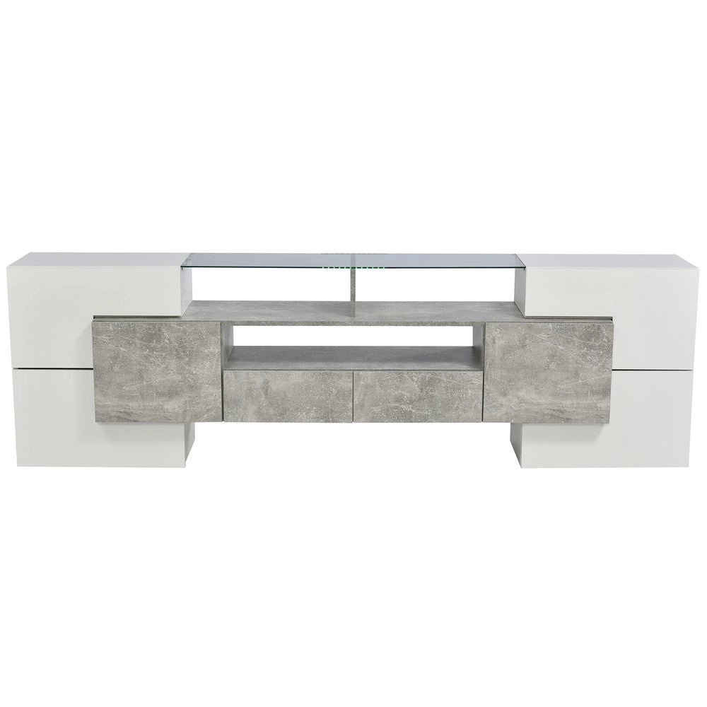 Mobile TV Lowboard Bianco Lucido con LED ¨C Xylo ¨C 200 cm, Vetro, Soggiorno