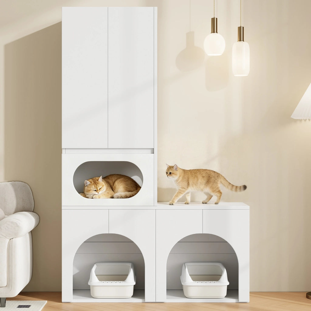 Mobile Lettiera per 2 Gatti 140×45×195 cm con Zona Relax; Armadio Contenitore e Doppio Vano; Bianco