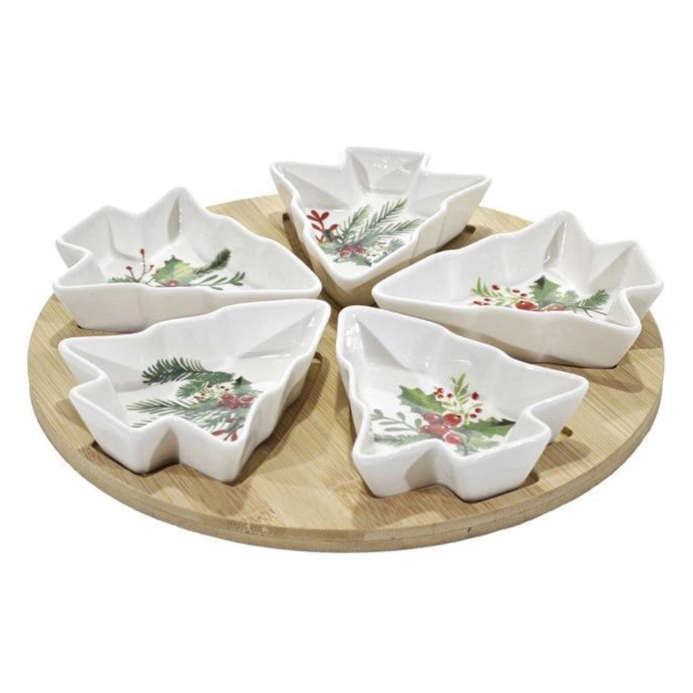 Trade Shop - Antipastiera Con Vassoio Base In Bambù 5 Ciotole In Stoneware A Forma Di Albero Di Natale -