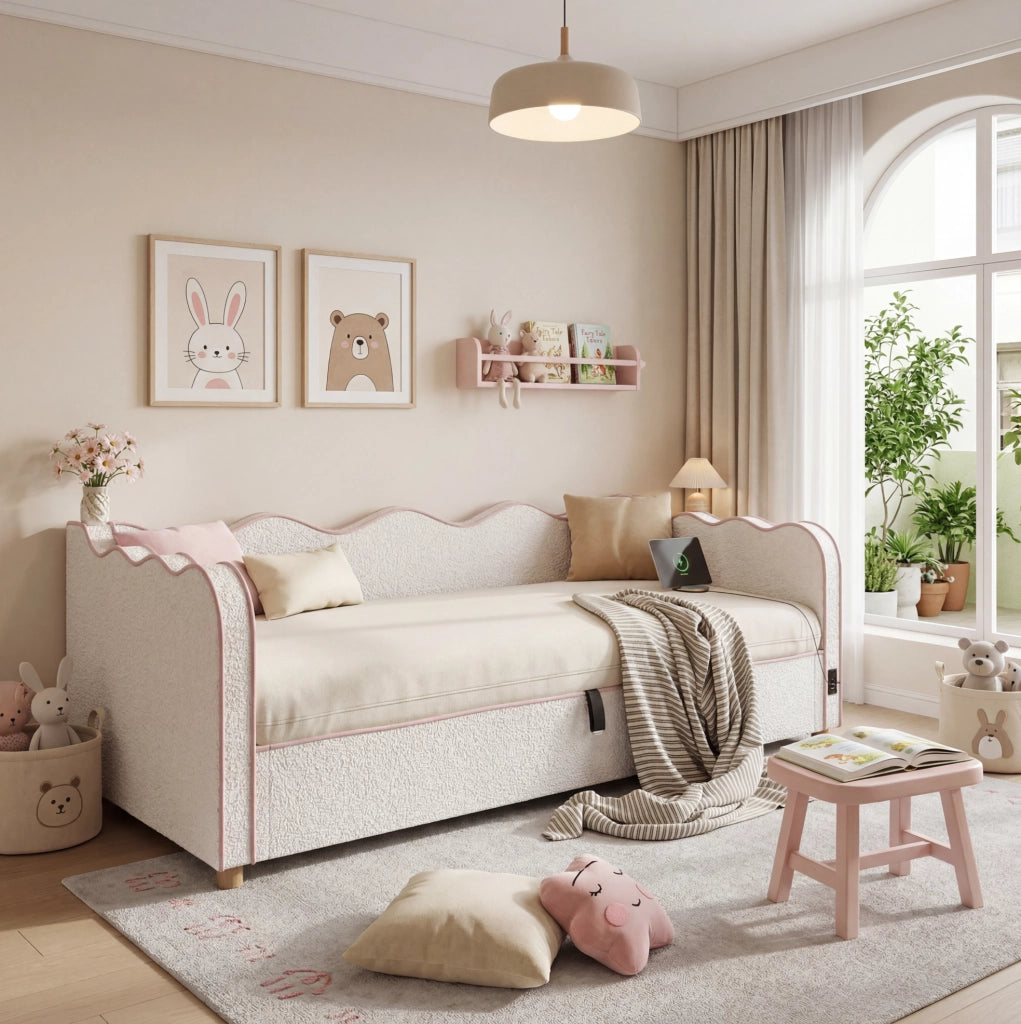Letto da giorno imbottito 90x200 cm con contenitore idraulico e presa USB/Type-C