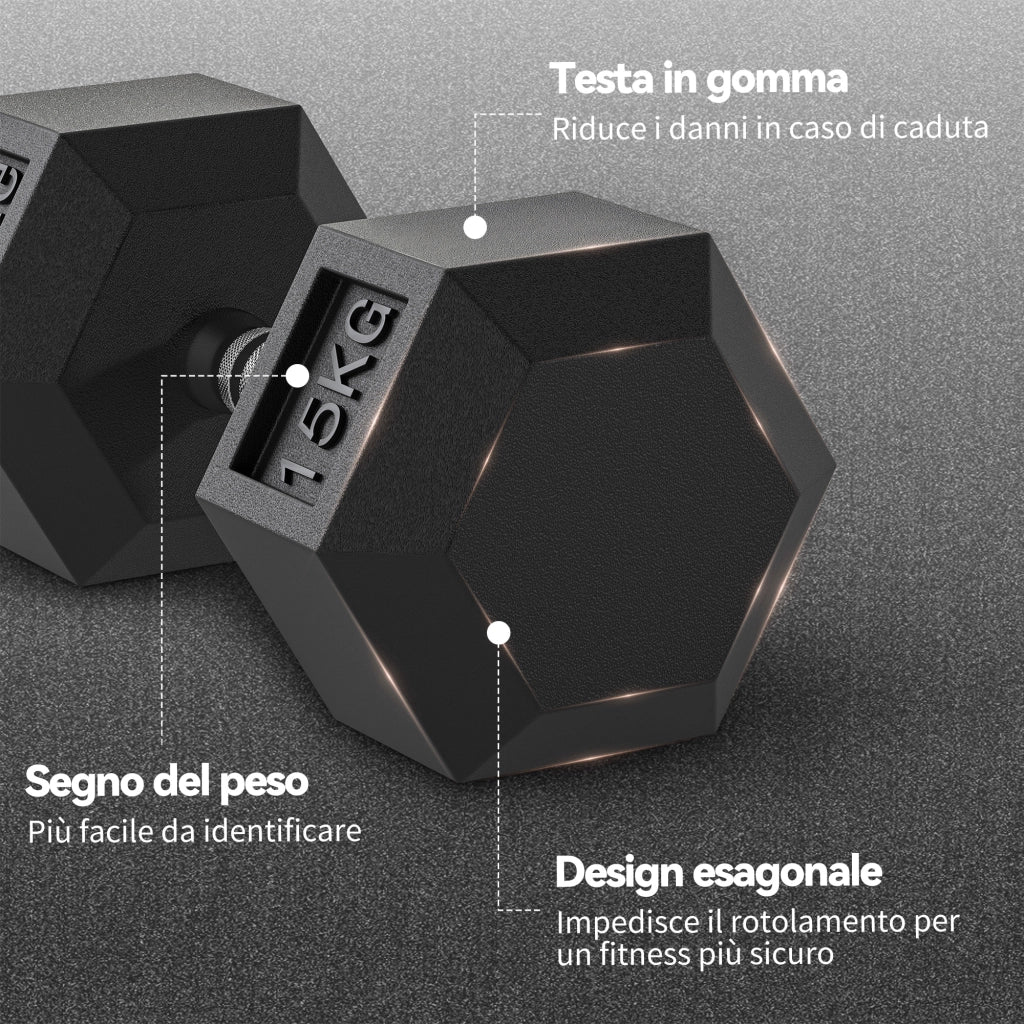 Set 2 Manubri Fitness da 15 kg Esagonali con Impugnatura Antiscivolo in Acciaio e Gomma Nero