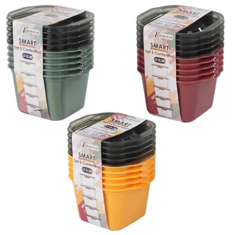Set 5 Pezzi Frigobox per Alimenti Quadrato Smart Maia 0,28 Litri 3 Colori