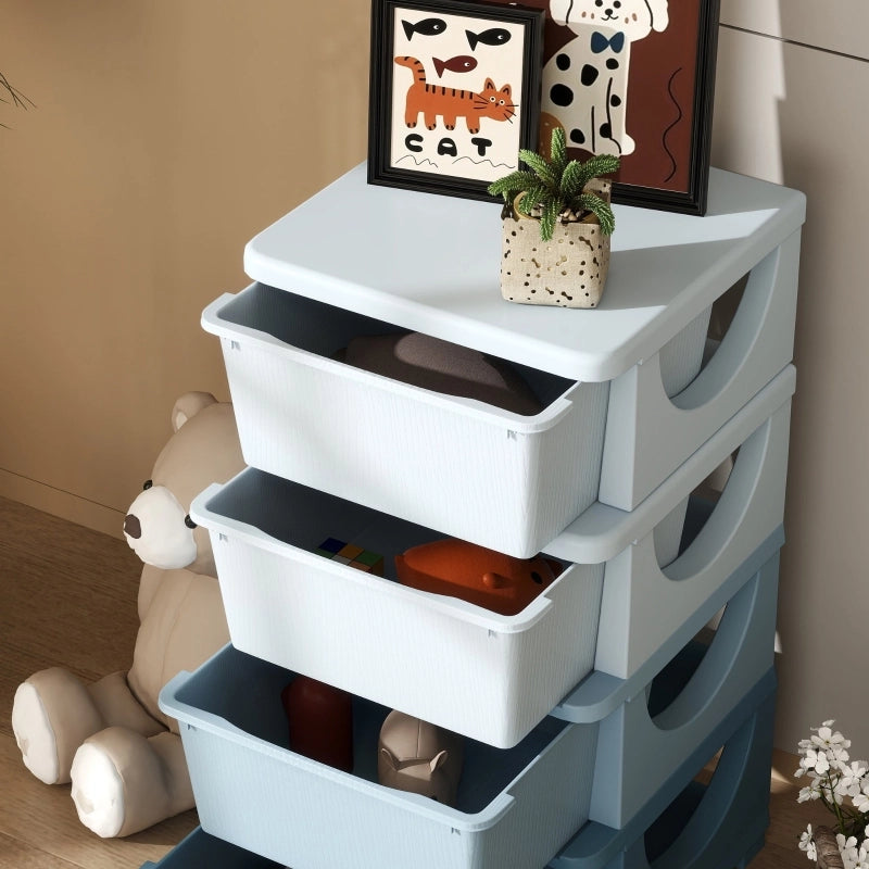 Scatole portaoggetti per bambini, 4 cassetti, bordi arrotondati, design in rilievo, in plastica, blu