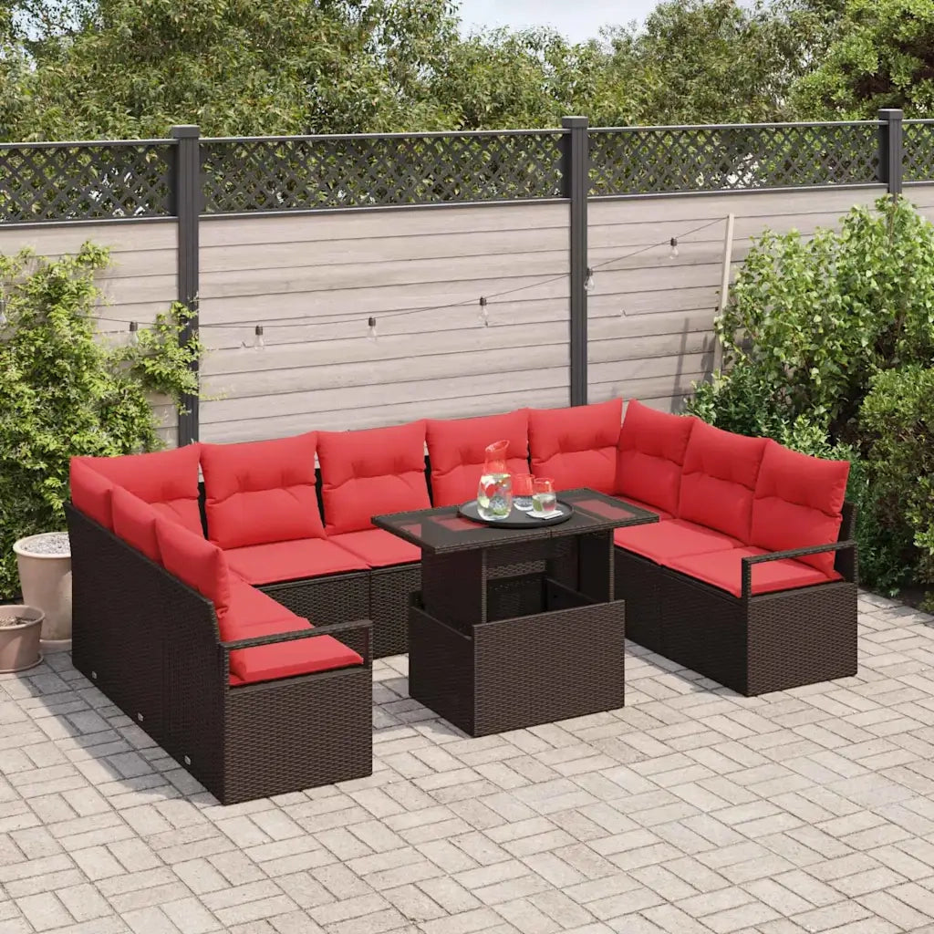 Set Divano da Giardino 10 pcs Marrone e Rosso Poly Rattan 3348890
