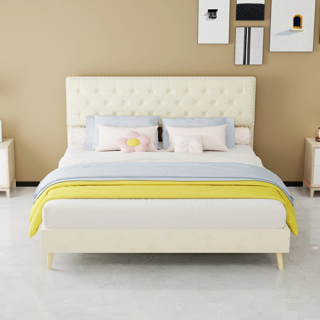 DESMIU Letto 160 × 200 cm 2 posti con vano sotto il letto, senza materasso, in tessuto, beige