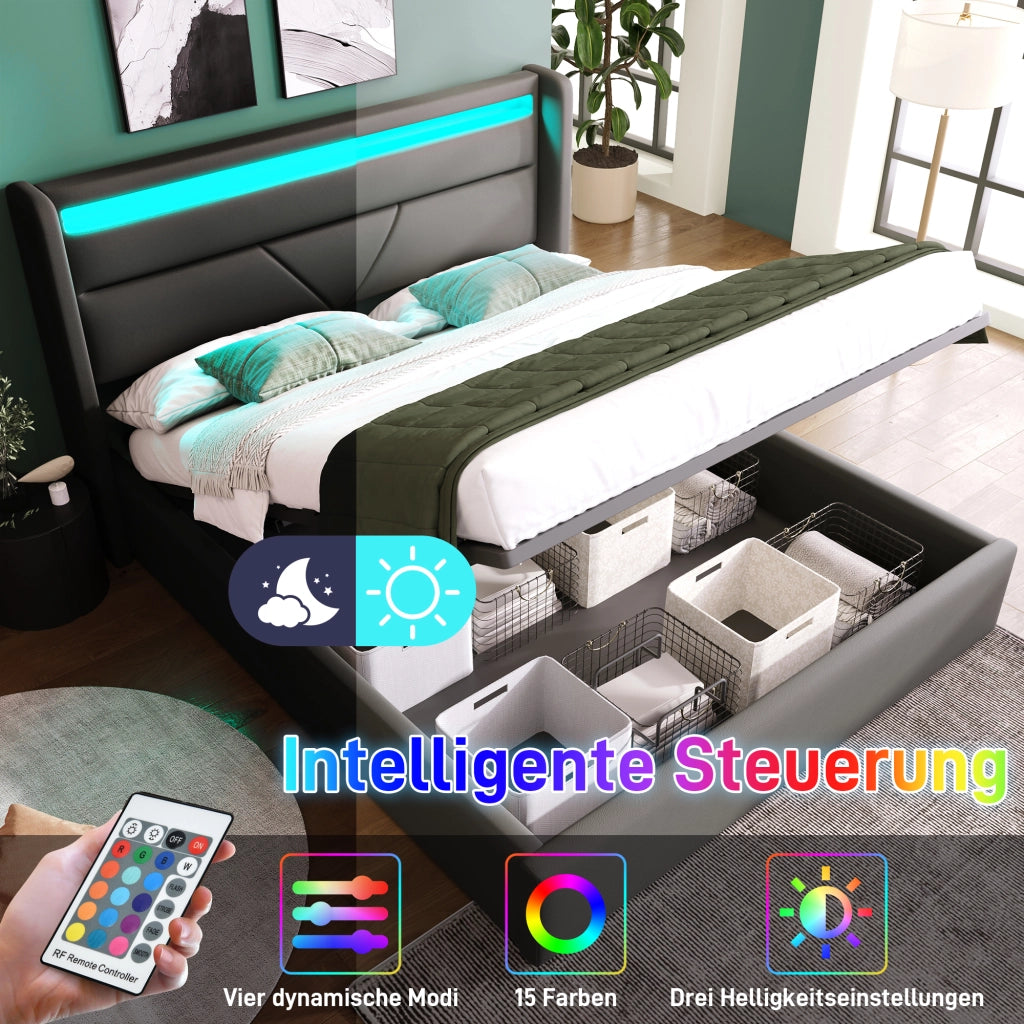 DESMIU Letto contenitore 140 × 200 cm 2 posti con LED regolabile e vano contenitore idraulico, senza materasso, in PU, grigio