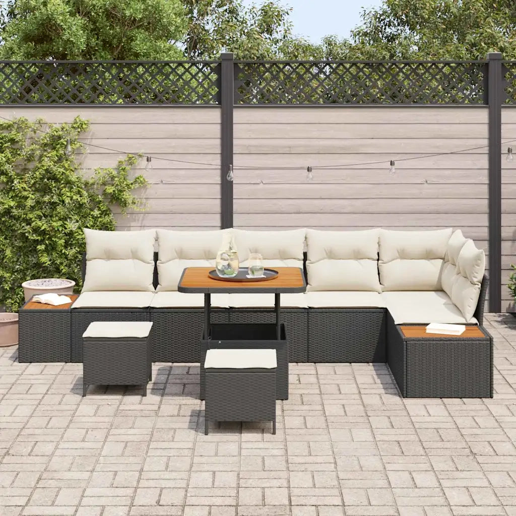 Set Divano da Giardino con cuscino 9 pcs Nero Poly Rattan