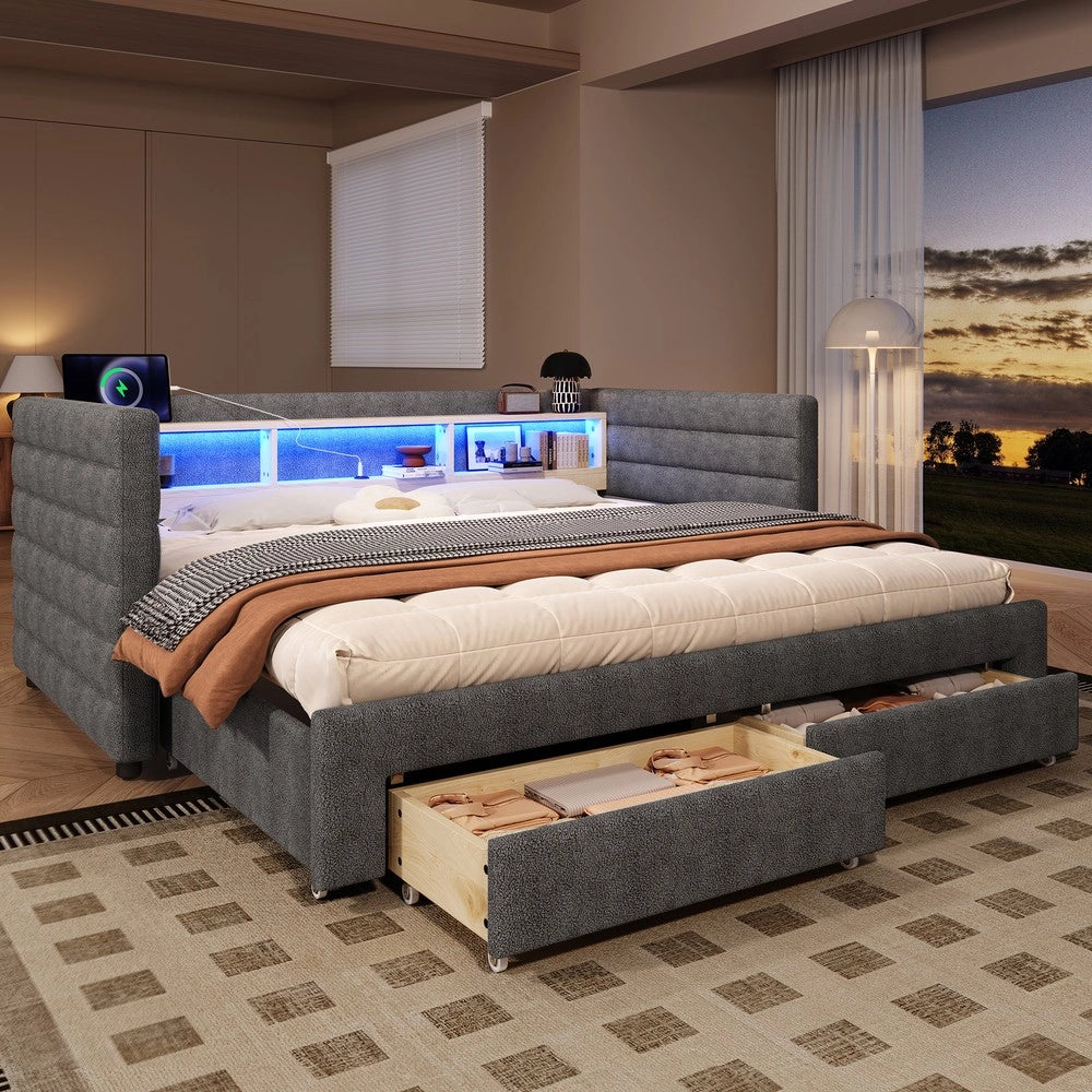 Letto Singolo Contenitore con LED ¨C MINIMAL ¨C Velluto Grigio, 90x190, USB, Cassetti