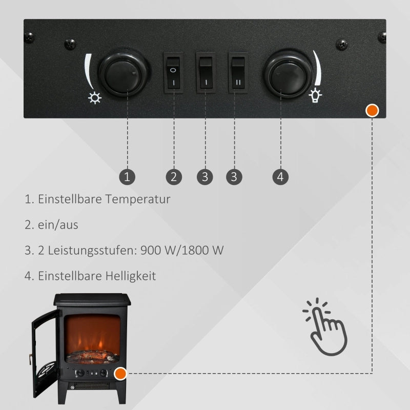 Caminetto elettrico a LED, autoportante con effetto fiamma, 900/1800W, nero