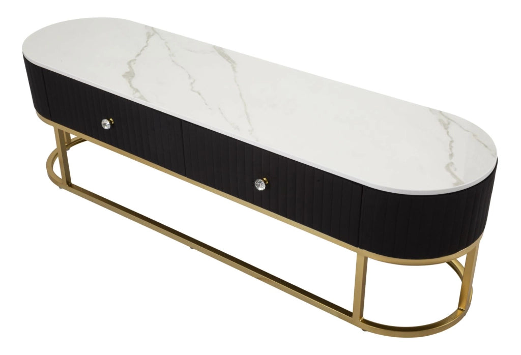 Mobile porta tv metallo dorato, tessuto nero e similmarmo, cassetti 150x42x45cm Montpellier