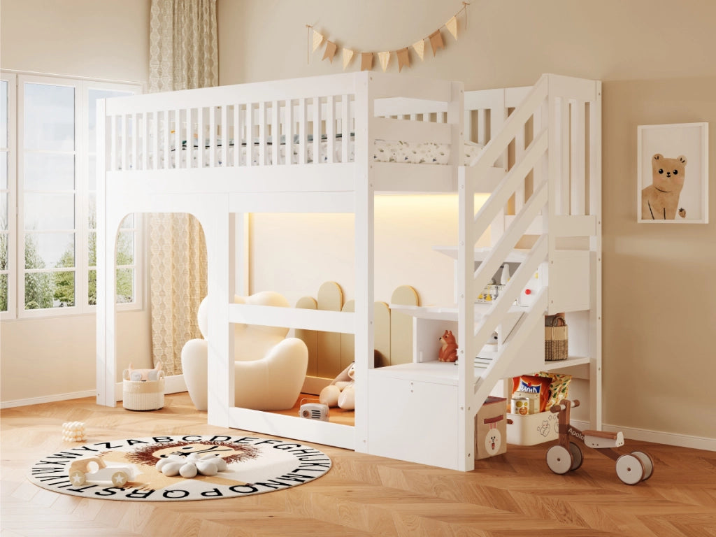 LETTO a soppalco per bambini 90x200 cm in legno bianco con scale contenitore e LED