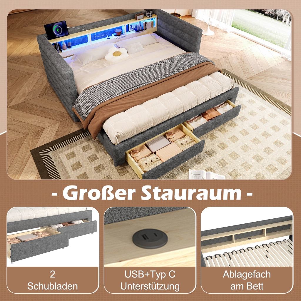 LETTO estraibile 90x190 cm in velluto grigio con LED, 2 cassetti e USB/Type-C