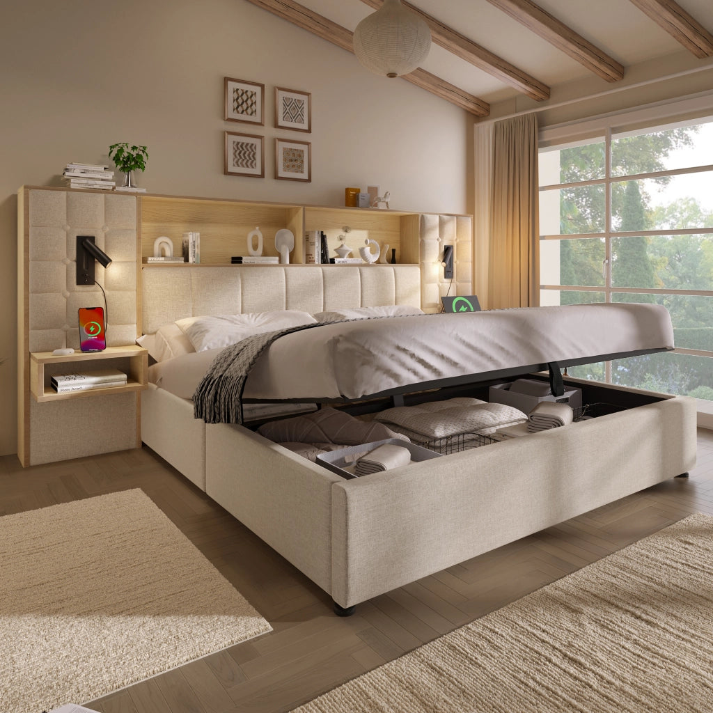 DESMIU Lit coffre 180 × 200 cm 2 posti con lampade da lettura, USB e Type-C, senza materasso, beige