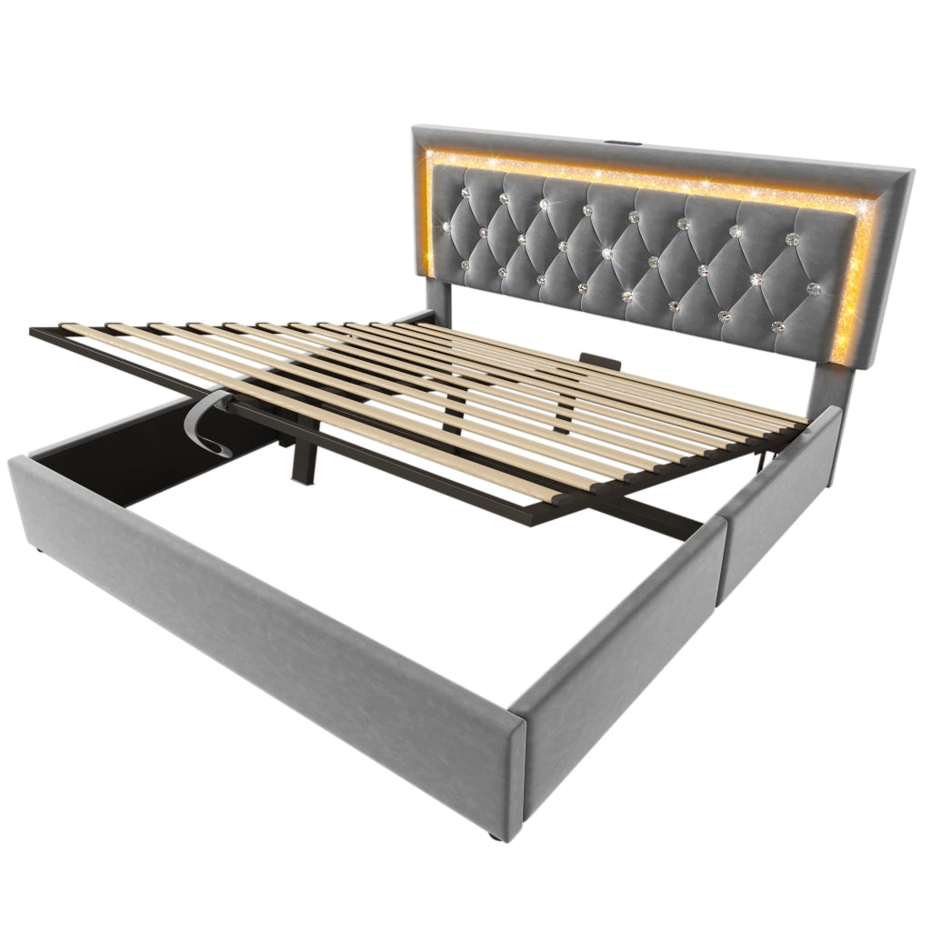 Letto imbottito 140x200 cm in velluto grigio con LED, ricarica USB e Type-C, contenitore idraulico e rete a doghe