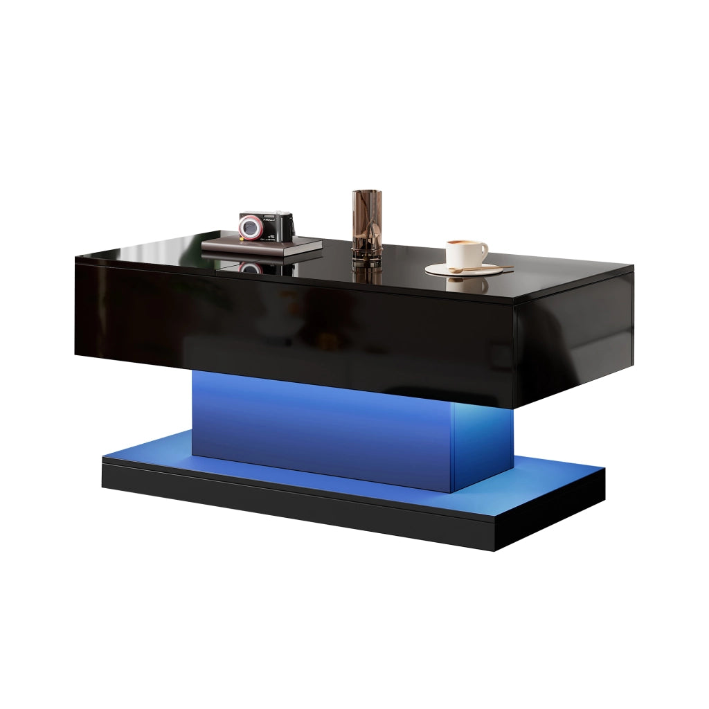 Tavolino da caffè con piano alzabile; vano contenitore e LED - per soggiorno - in truciolare - 100x50x45 cm - nero