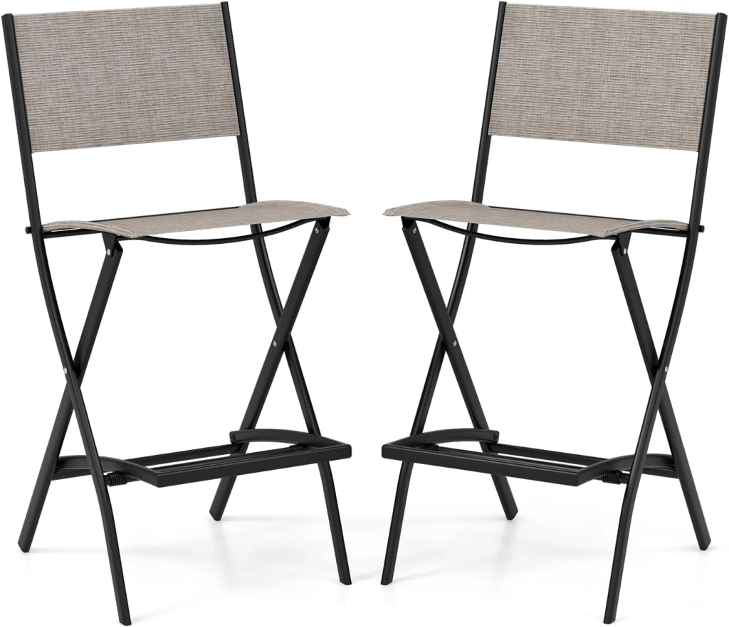 Set di Sgabelli da Bar 2 Pezzi, Sedie Alte e Pieghevoli con Telaio in Metallo e Poggiapiedi, Sedie da Bar per Balcone, Giardino e Piscina (Caffè)
