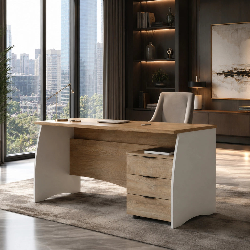 Scrivania Scrittoio Con 3 Cassetti Per Studio Ufficio Mobile Desk Da Soggiorno Sala Da Pranzo 136 X 74 X 67 Cm Bianco E Rovere