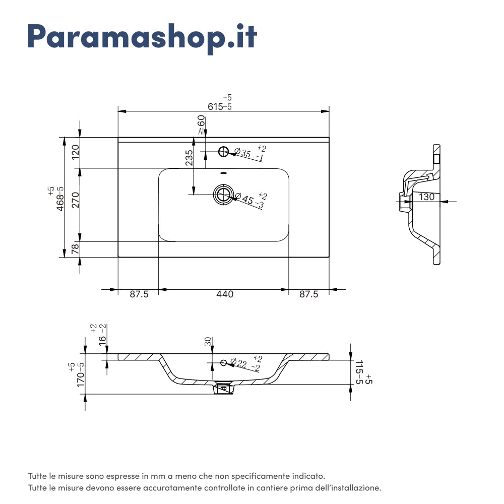 Lavabo da incasso 60 cm in ceramica bianca | Civit