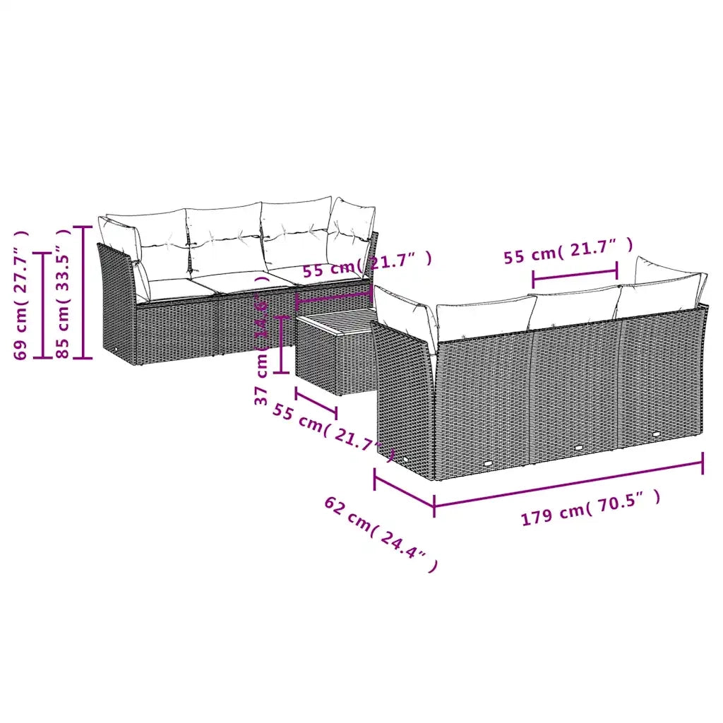 Set Divani da Giardino 7 pz con Cuscini Nero in Polyrattan 3255819