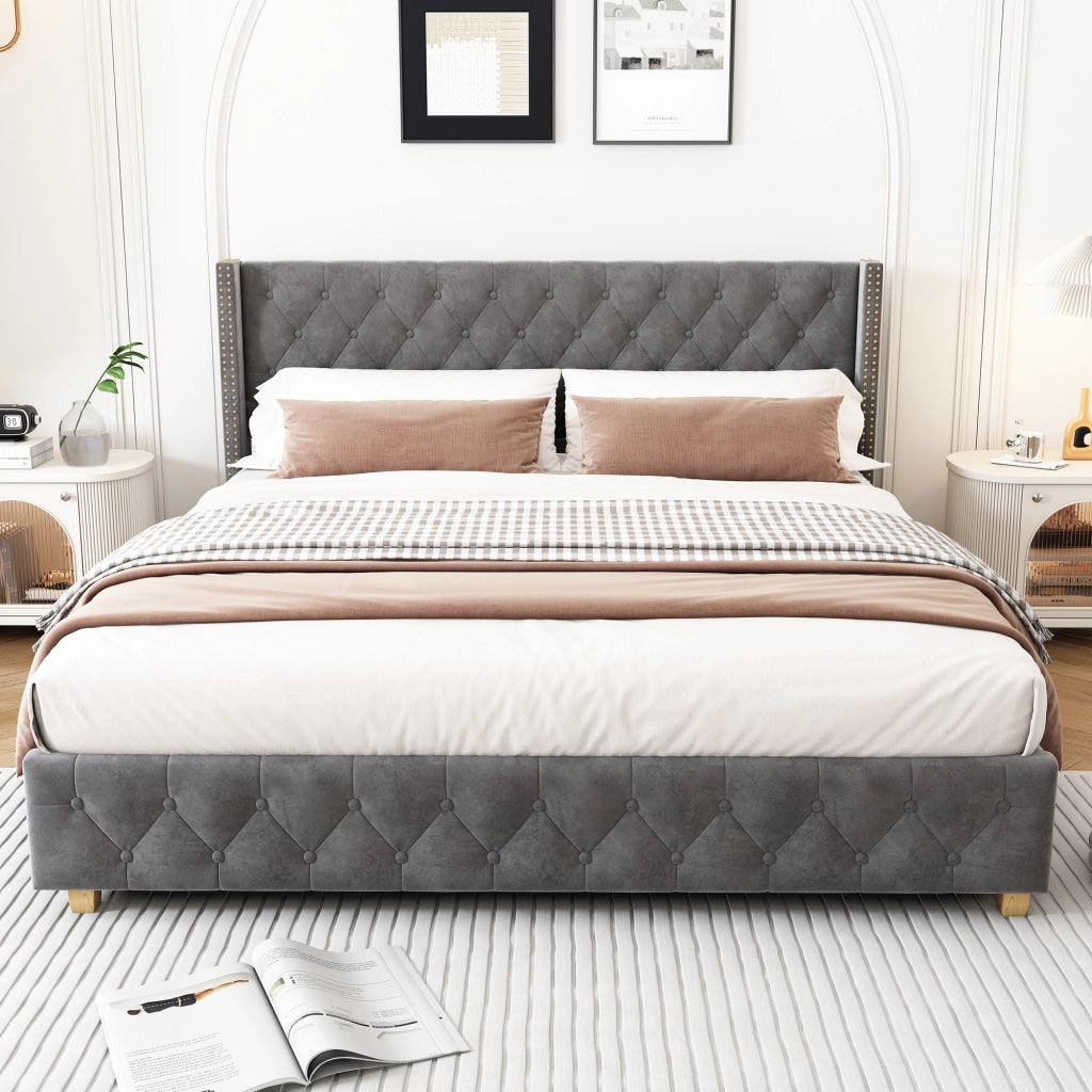 OKWISH Letto Imbottito 160×200 cm, Letto Matrimoniale con Testiera Trapuntata, Borchie Decorative e Piedi in Legno, senza Materasso, Grigio