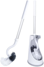 Set di 2 spazzole per il water, spazzola per il water con striscia di pulizia, spazzola per il water curva con lunga maniglia, set di spazzole per il water in plastica con setole forti per la pulizia profonda (argentato bianco)