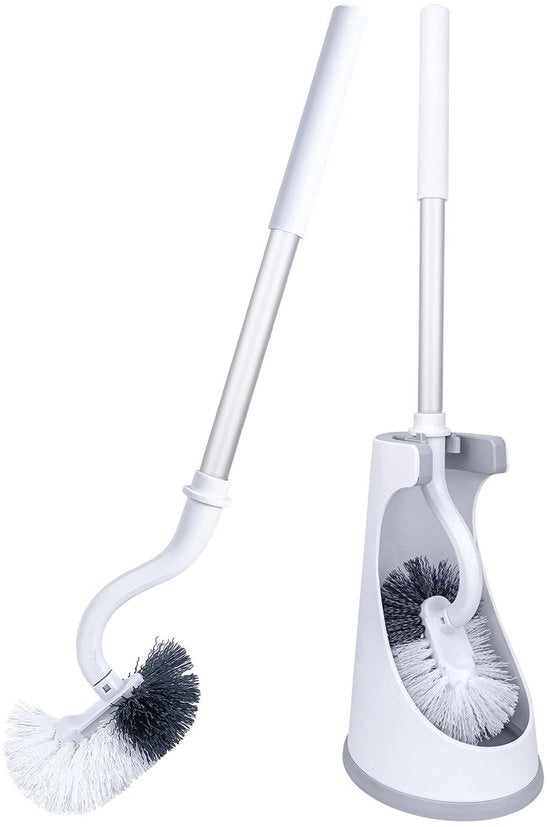 Set di 2 spazzole per il water, spazzola per il water con striscia di pulizia, spazzola per il water curva con lunga maniglia, set di spazzole per il water in plastica con setole forti per la pulizia profonda (argentato bianco)