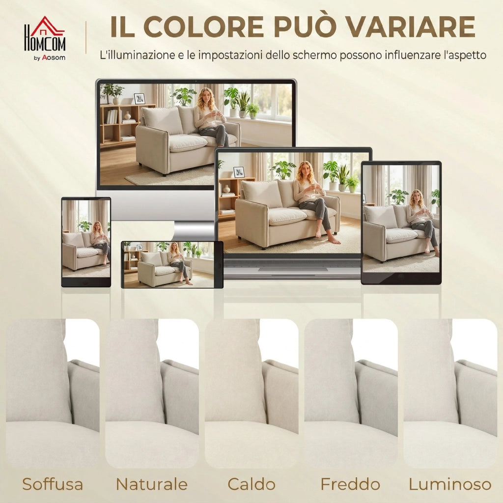 Divano 2 Posti Imbottito in Tessuto Effetto Pelle ¨C Xylo ¨C Crema con Braccioli e Cuscini