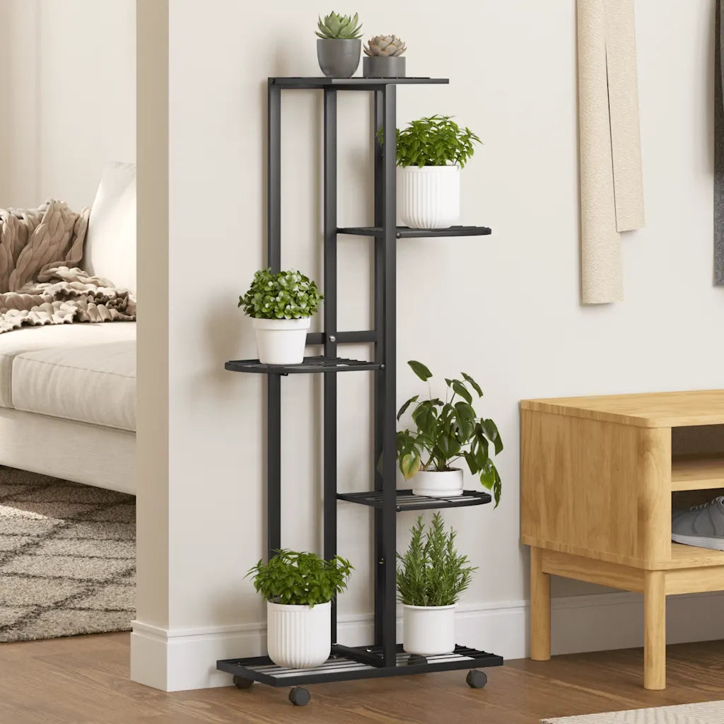 Fioriera | Cassetta per fiori | Vaso a 5 Piani con Ruote 44x23x100 cm Ferro Nero