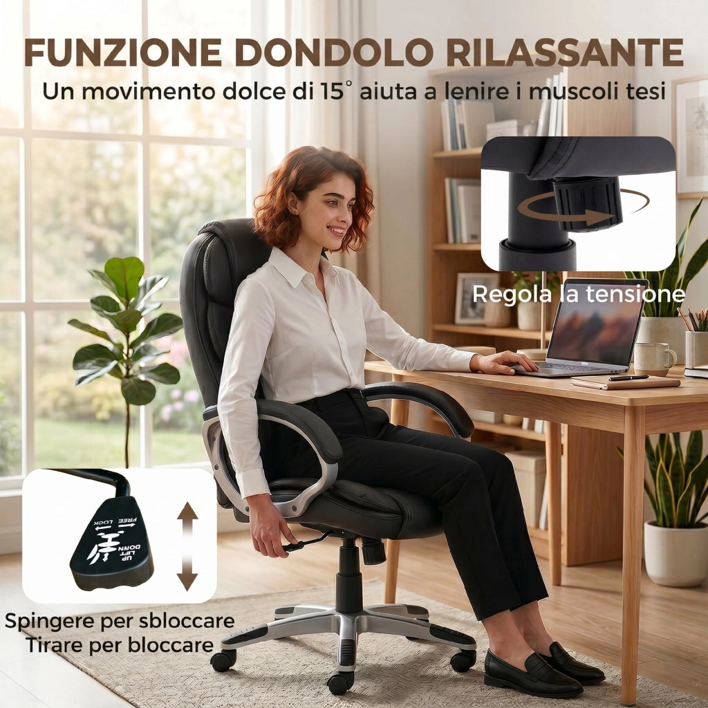 Sedia da Ufficio Ergonomica Girevole ¨C Xylo ¨C Pelle PU Nero, Regolabile, Capacit¨¤ 120kg